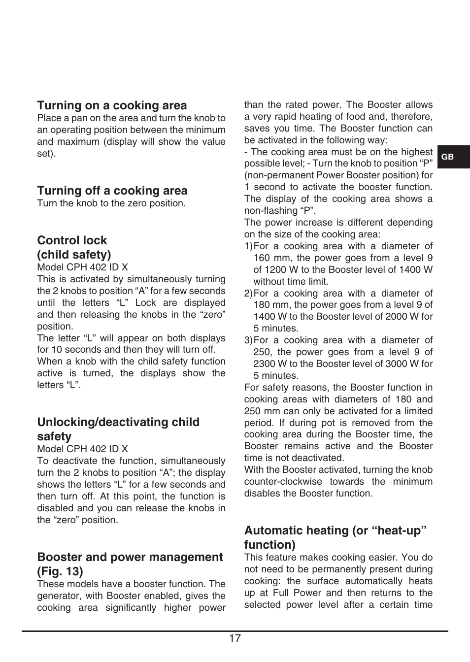 Turning on a cooking area, Turning off a cooking area, Control lock (child safety) | Unlocking/deactivating child safety, Booster and power management (fig. 13), Automatic heating (or “heat-up” function) | Fulgor Milano CPH 401 ID X User Manual | Page 17 / 80