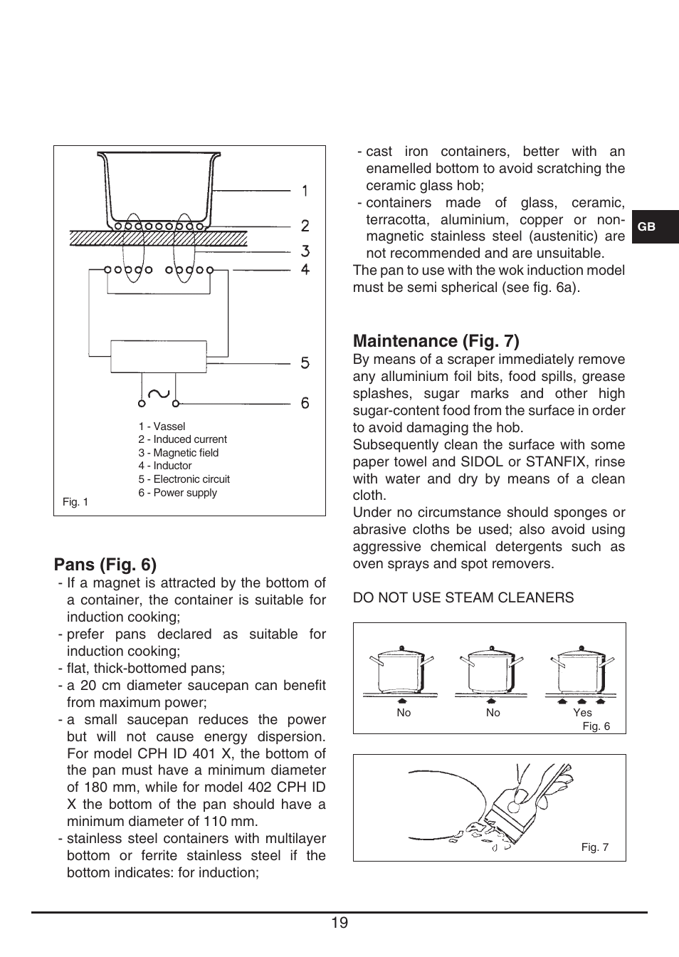 Pans (fig. 6), Maintenance (fig. 7) | Fulgor Milano CPH 401 ID X User Manual | Page 19 / 80