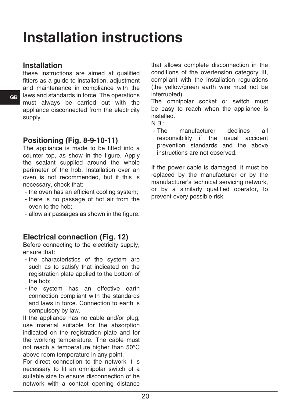 Installation instructions | Fulgor Milano CPH 401 ID X User Manual | Page 20 / 80