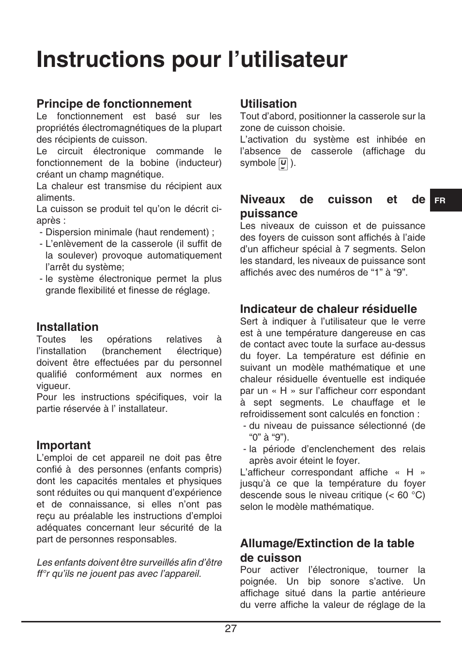 Instructions pour l’utilisateur | Fulgor Milano CPH 401 ID X User Manual | Page 27 / 80