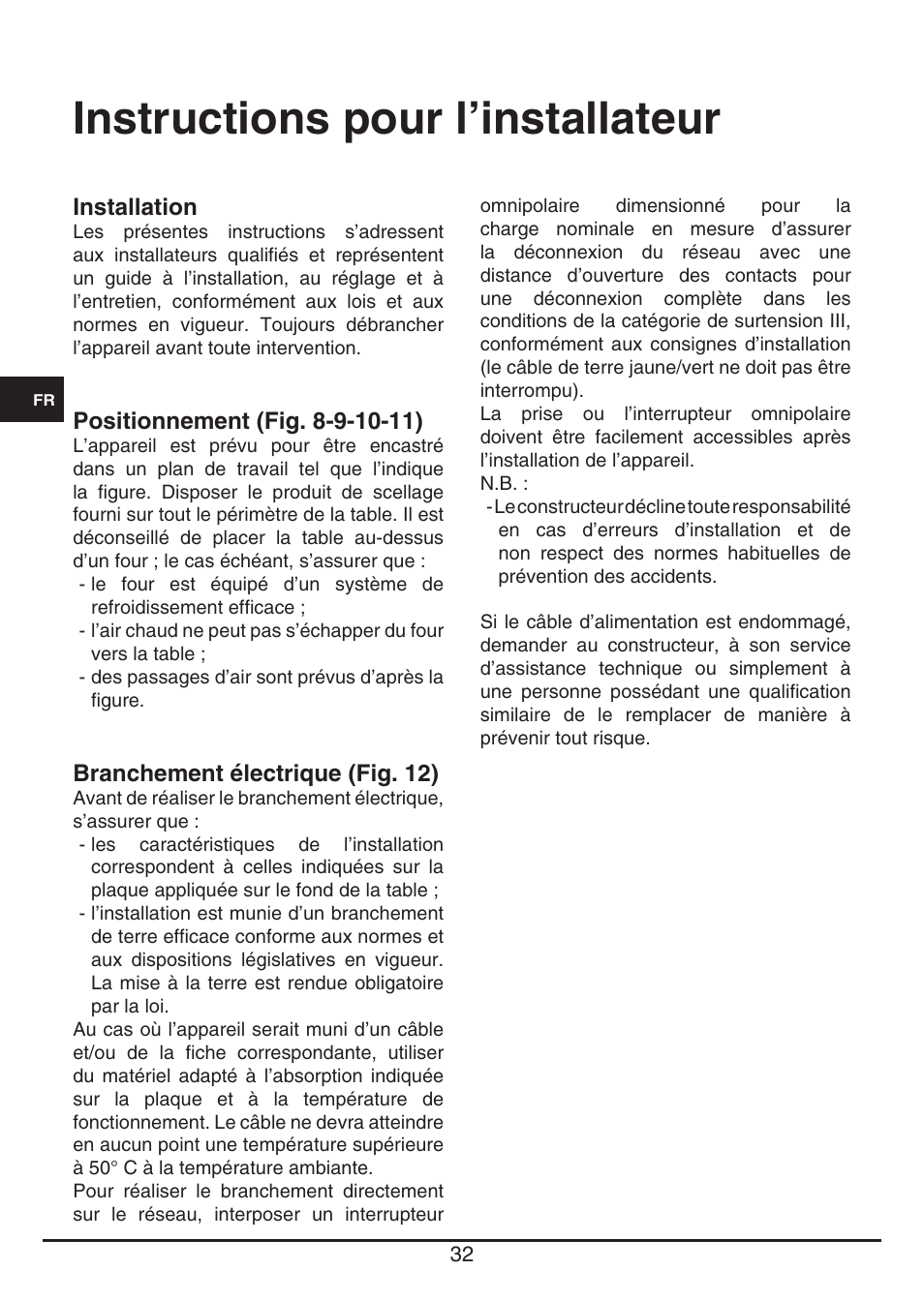 Instructions pour l’installateur | Fulgor Milano CPH 401 ID X User Manual | Page 32 / 80