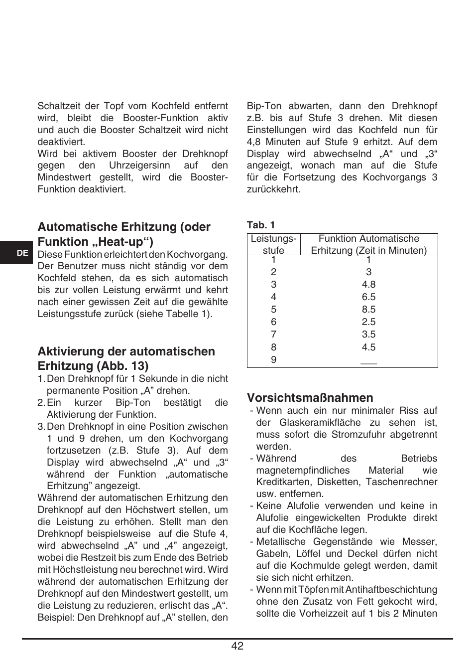 Automatische erhitzung (oder funktion „heat-up“), Aktivierung der automatischen erhitzung (abb. 13), Vorsichtsmaßnahmen | Fulgor Milano CPH 401 ID X User Manual | Page 42 / 80