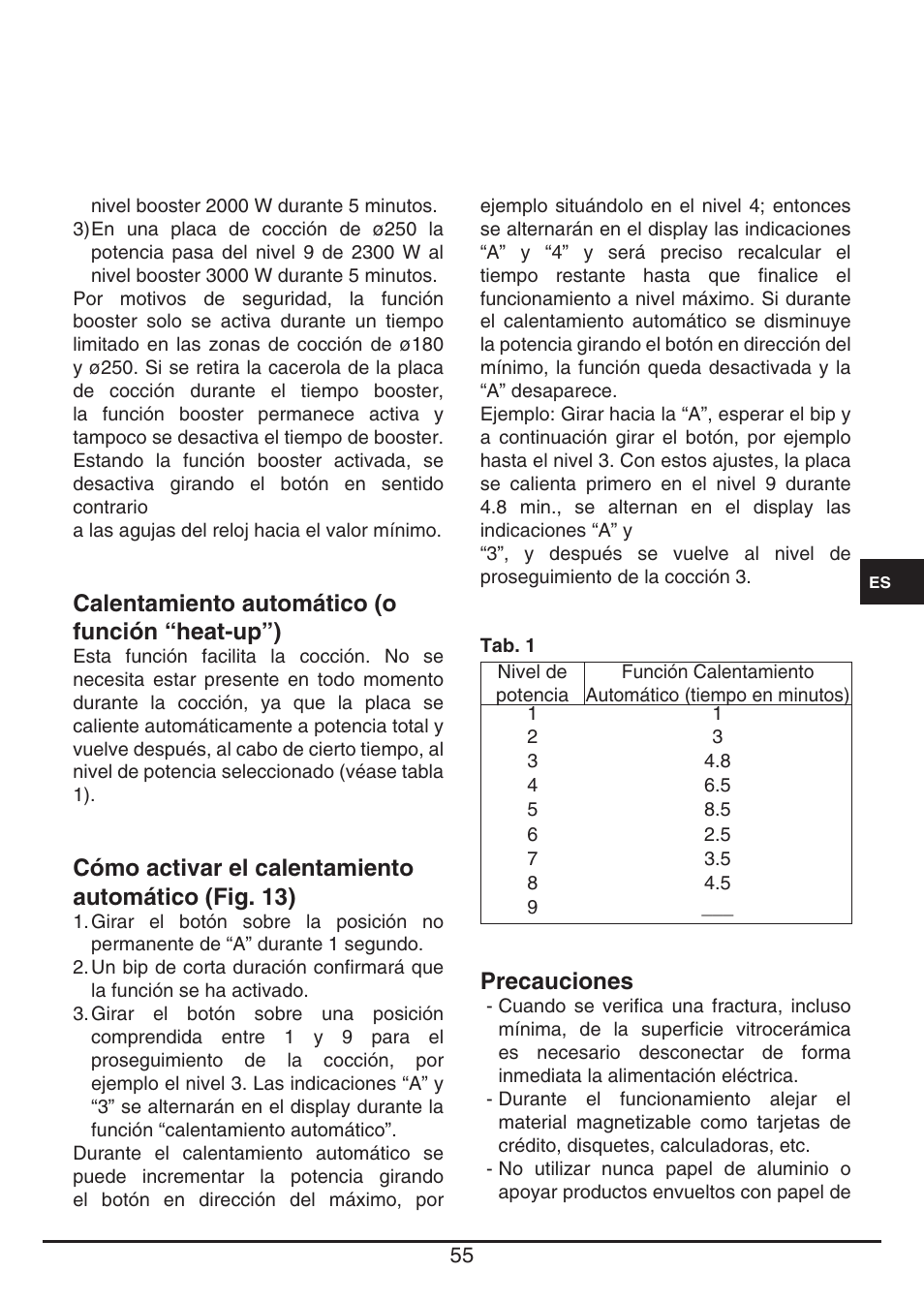 Calentamiento automático (o función “heat-up”), Cómo activar el calentamiento automático (fig. 13), Precauciones | Fulgor Milano CPH 401 ID X User Manual | Page 55 / 80