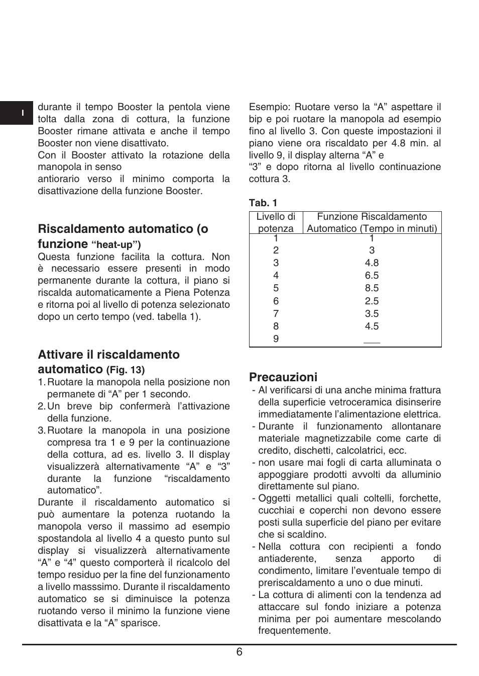 Riscaldamento automatico (o funzione, Attivare il riscaldamento automatico, Precauzioni | Fulgor Milano CPH 401 ID X User Manual | Page 6 / 80
