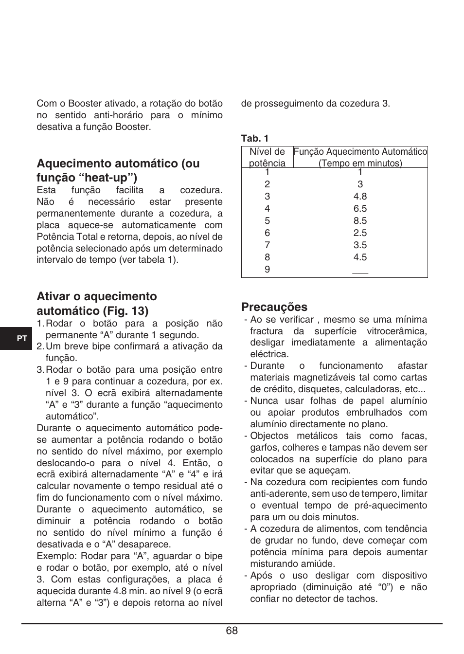 Aquecimento automático (ou função “heat-up”), Ativar o aquecimento automático (fig. 13), Precauções | Fulgor Milano CPH 401 ID X User Manual | Page 68 / 80