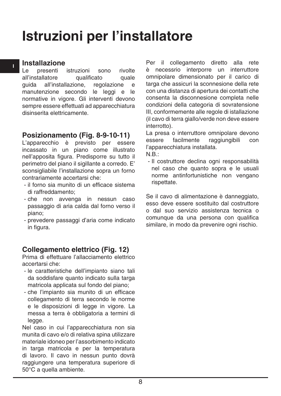 Istruzioni per l’installatore | Fulgor Milano CPH 401 ID X User Manual | Page 8 / 80
