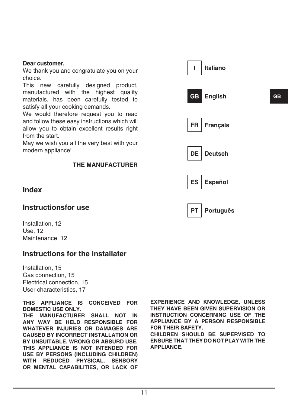 Index instructionsfor use, Instructions for the installater | Fulgor Milano PH 905 G WK User Manual | Page 11 / 52