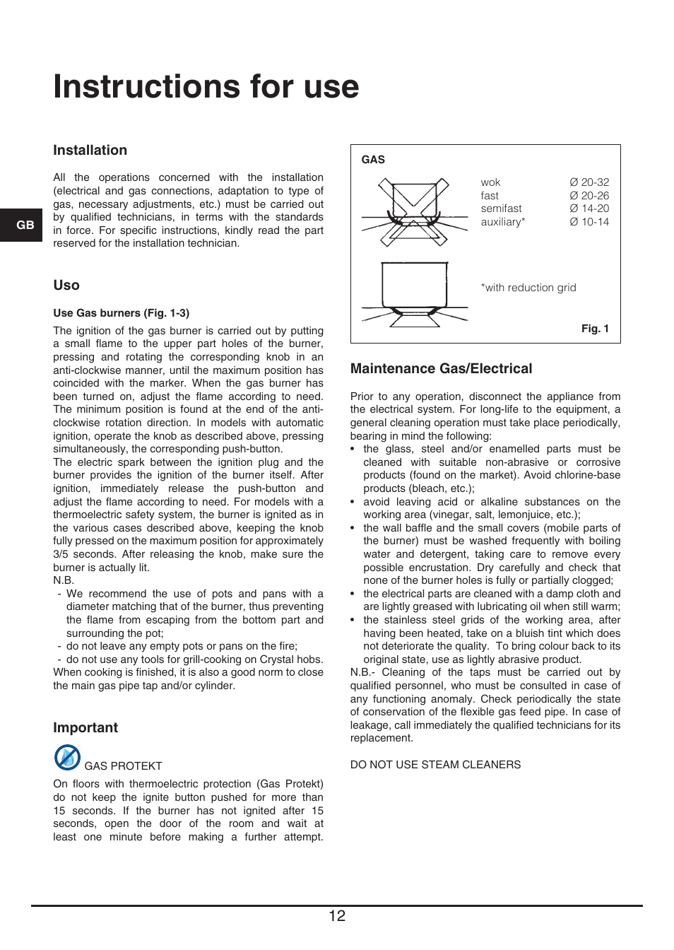 Instructions for use | Fulgor Milano PH 905 G WK User Manual | Page 12 / 52