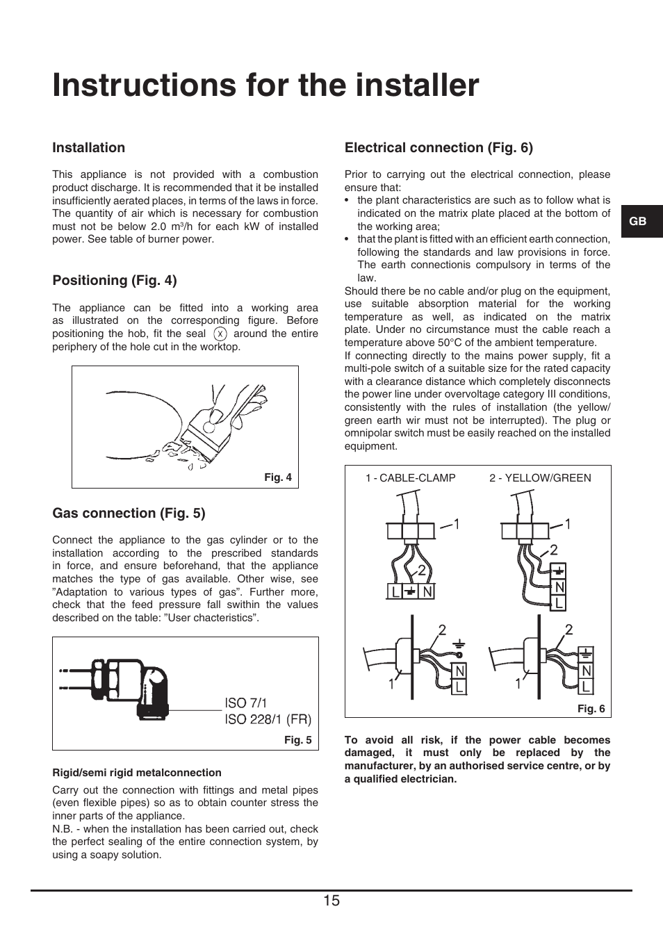 Instructions for the installer | Fulgor Milano PH 905 G WK User Manual | Page 15 / 52