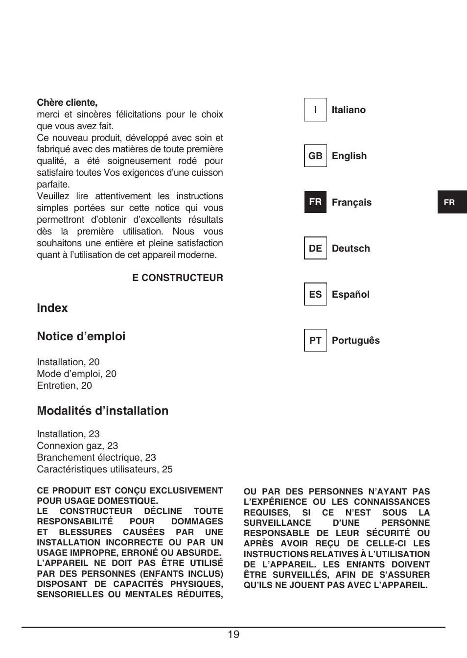 Index notice d’emploi, Modalités d’installation | Fulgor Milano PH 905 G WK User Manual | Page 19 / 52