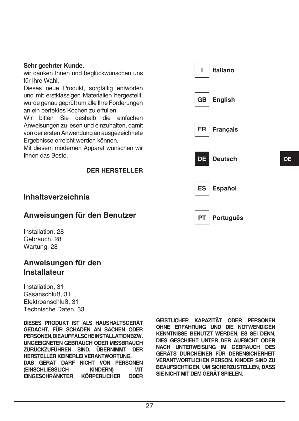 Inhaltsverzeichnis anweisungen für den benutzer, Anweisungen für den installateur | Fulgor Milano PH 905 G WK User Manual | Page 27 / 52