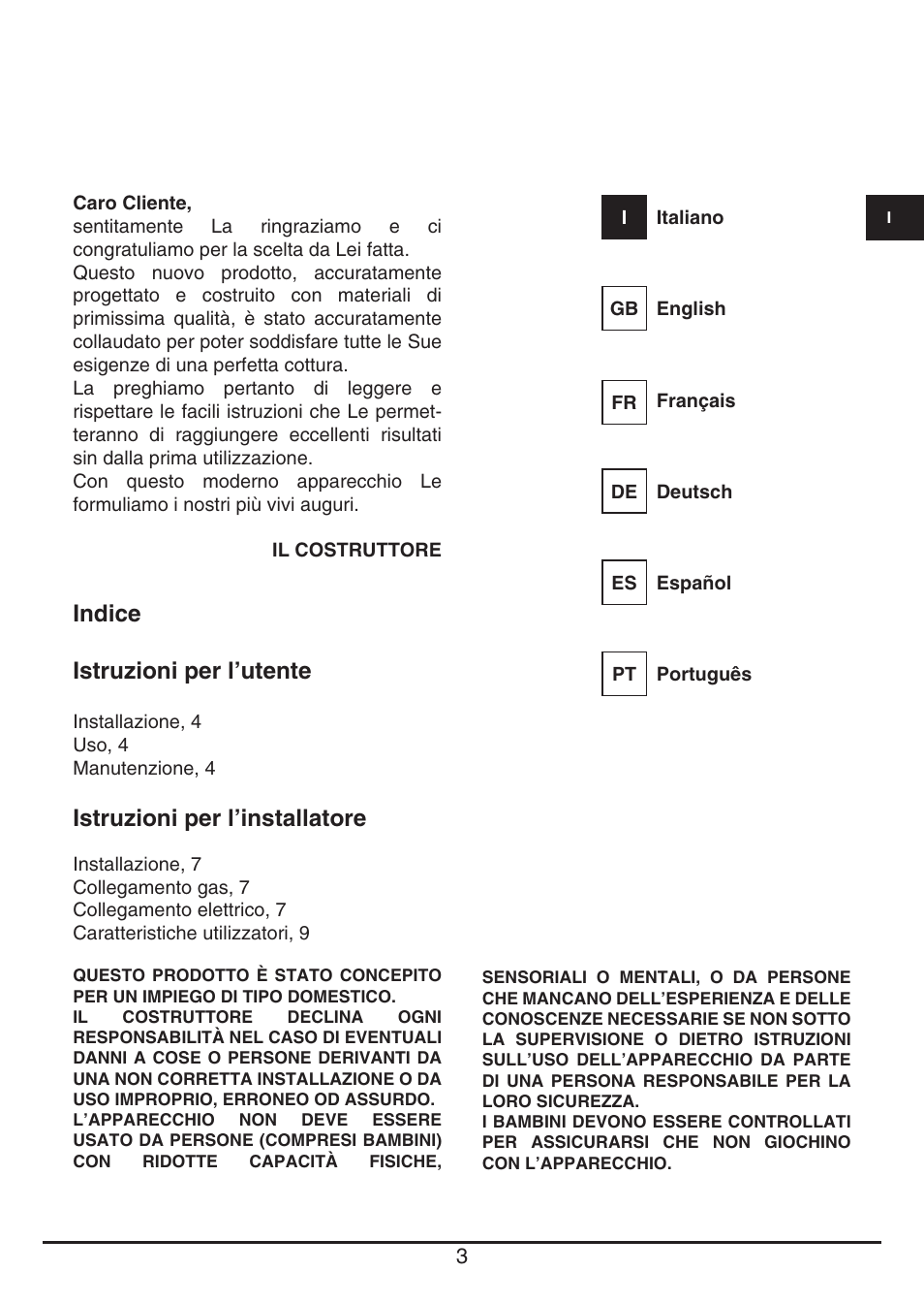 Indice istruzioni per l’utente, Istruzioni per l’installatore | Fulgor Milano PH 905 G WK User Manual | Page 3 / 52