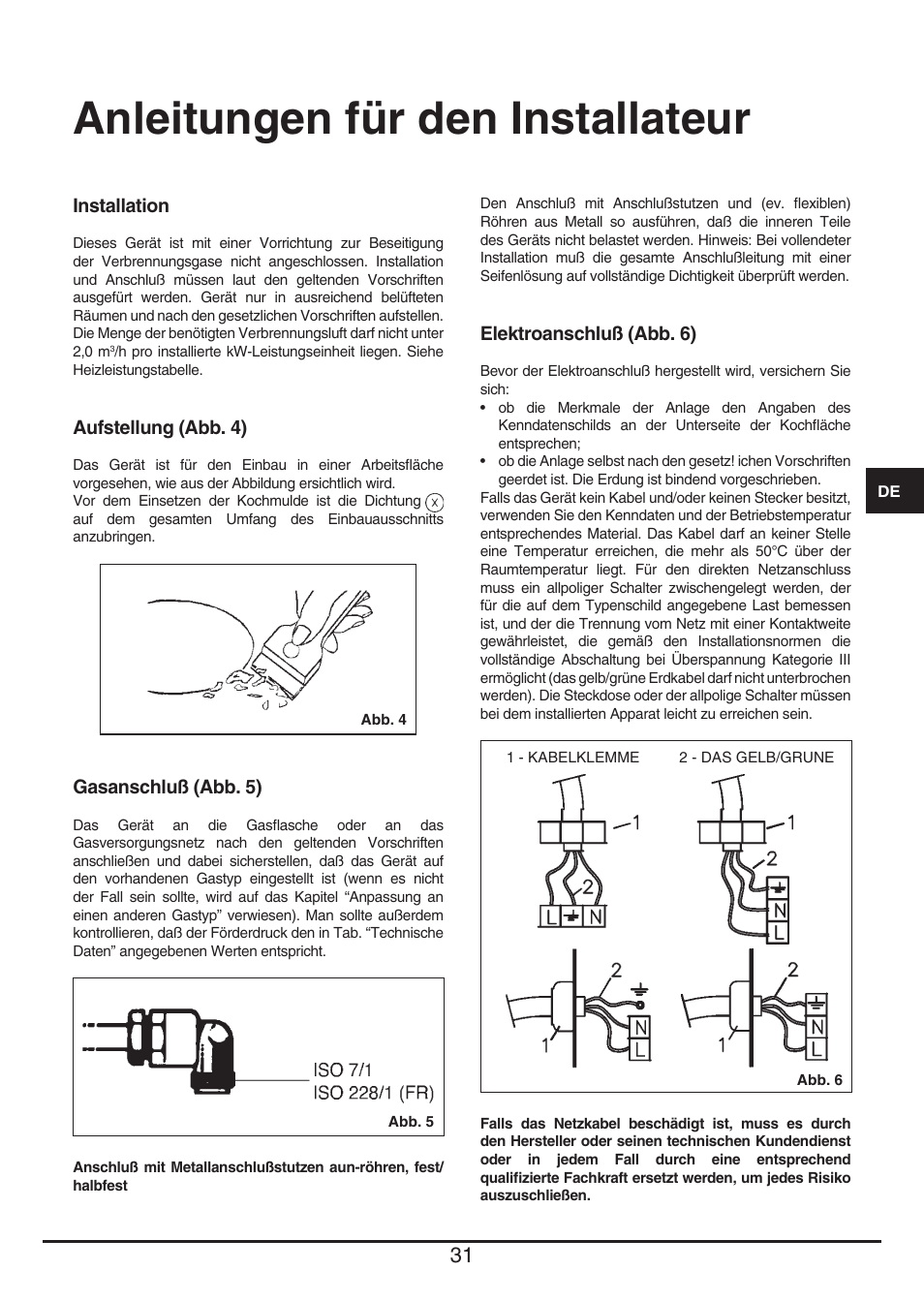 Anleitungen für den installateur | Fulgor Milano PH 905 G WK User Manual | Page 31 / 52