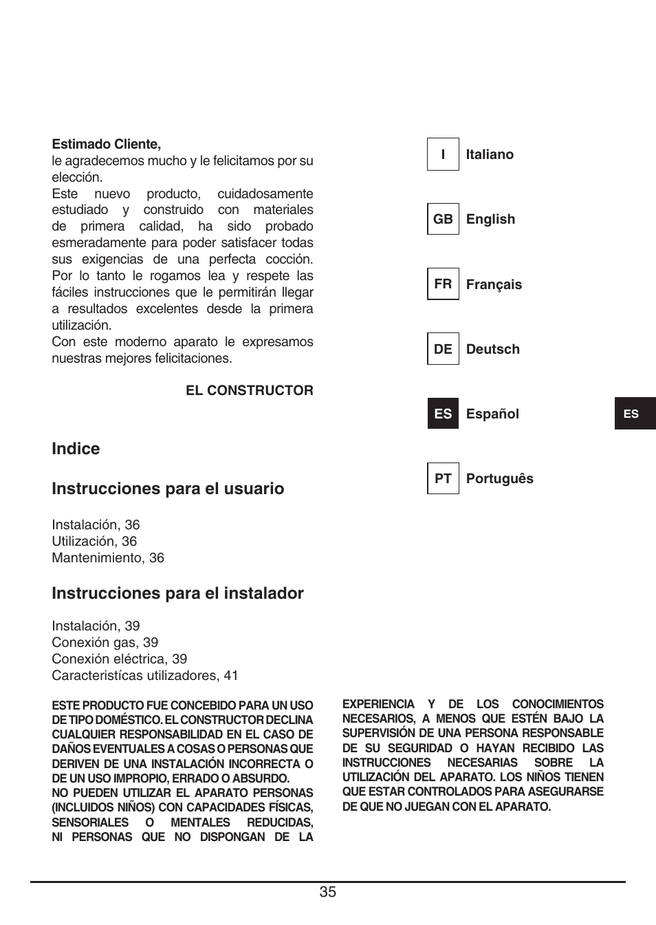 Indice instrucciones para el usuario, Instrucciones para el instalador | Fulgor Milano PH 905 G WK User Manual | Page 35 / 52