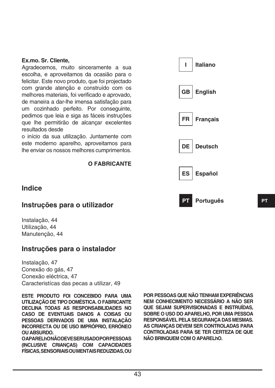 Indice instruções para o utilizador, Instruções para o instalador | Fulgor Milano PH 905 G WK User Manual | Page 43 / 52