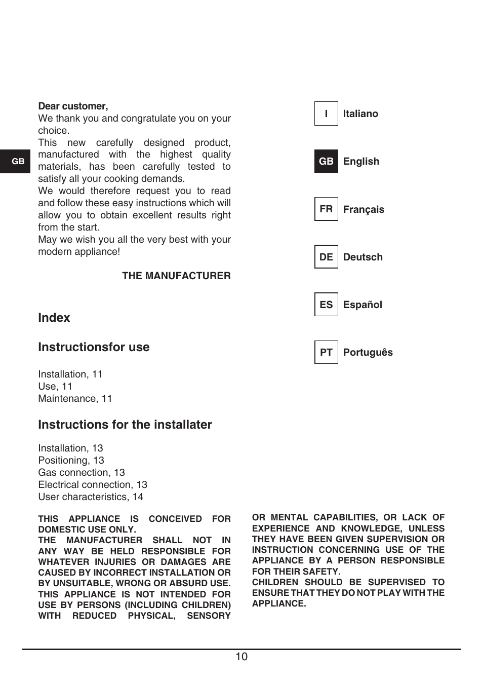 Index instructionsfor use, Instructions for the installater | Fulgor Milano PH 302 G X User Manual | Page 10 / 48