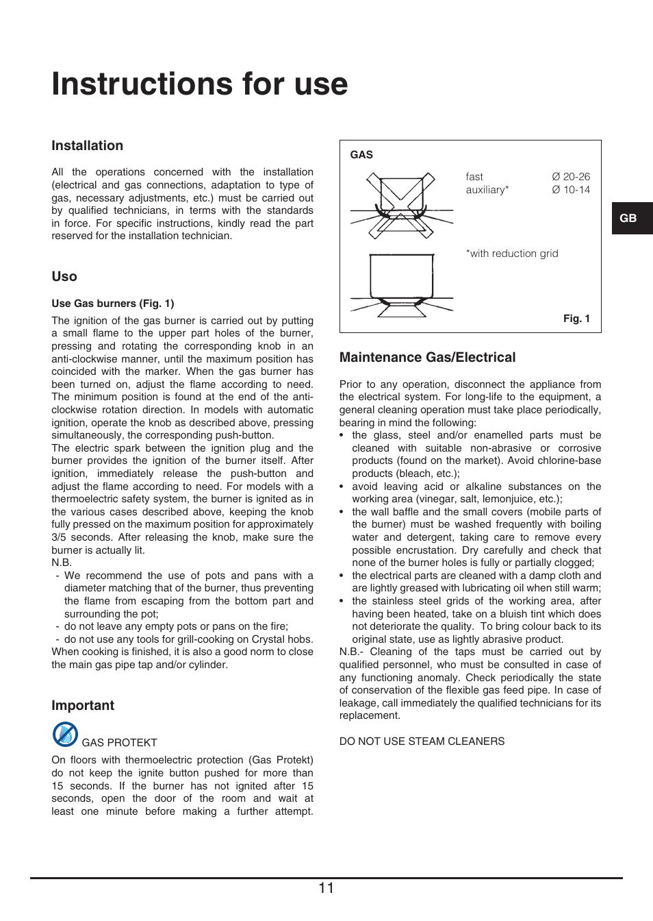 Instructions for use | Fulgor Milano PH 302 G X User Manual | Page 11 / 48
