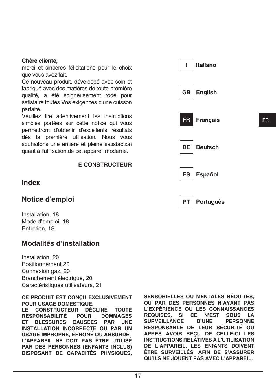 Index notice d’emploi, Modalités d’installation | Fulgor Milano PH 302 G X User Manual | Page 17 / 48