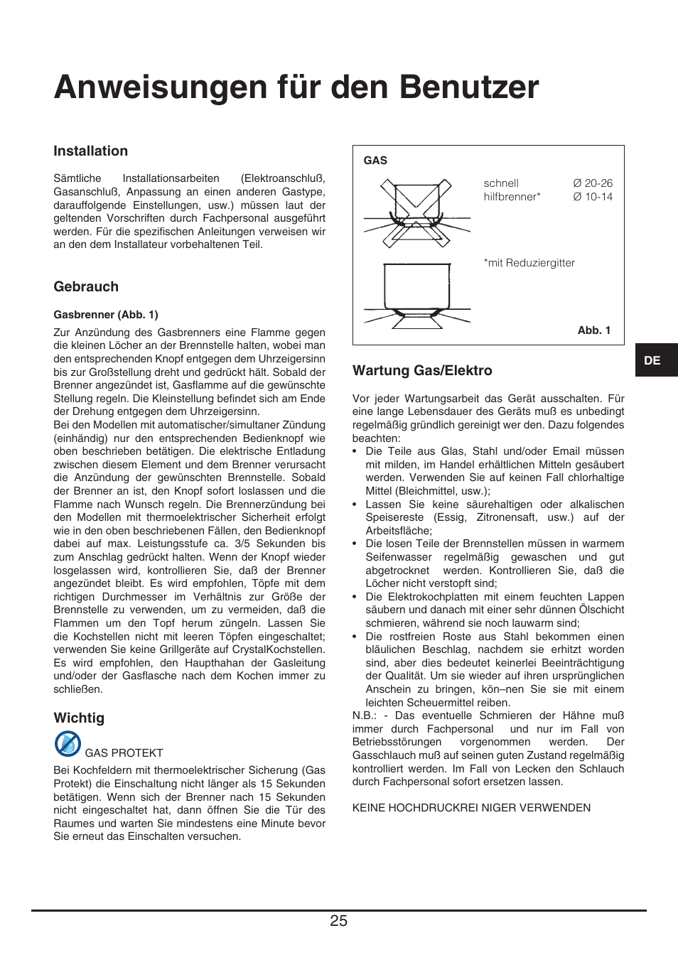 Anweisungen für den benutzer | Fulgor Milano PH 302 G X User Manual | Page 25 / 48