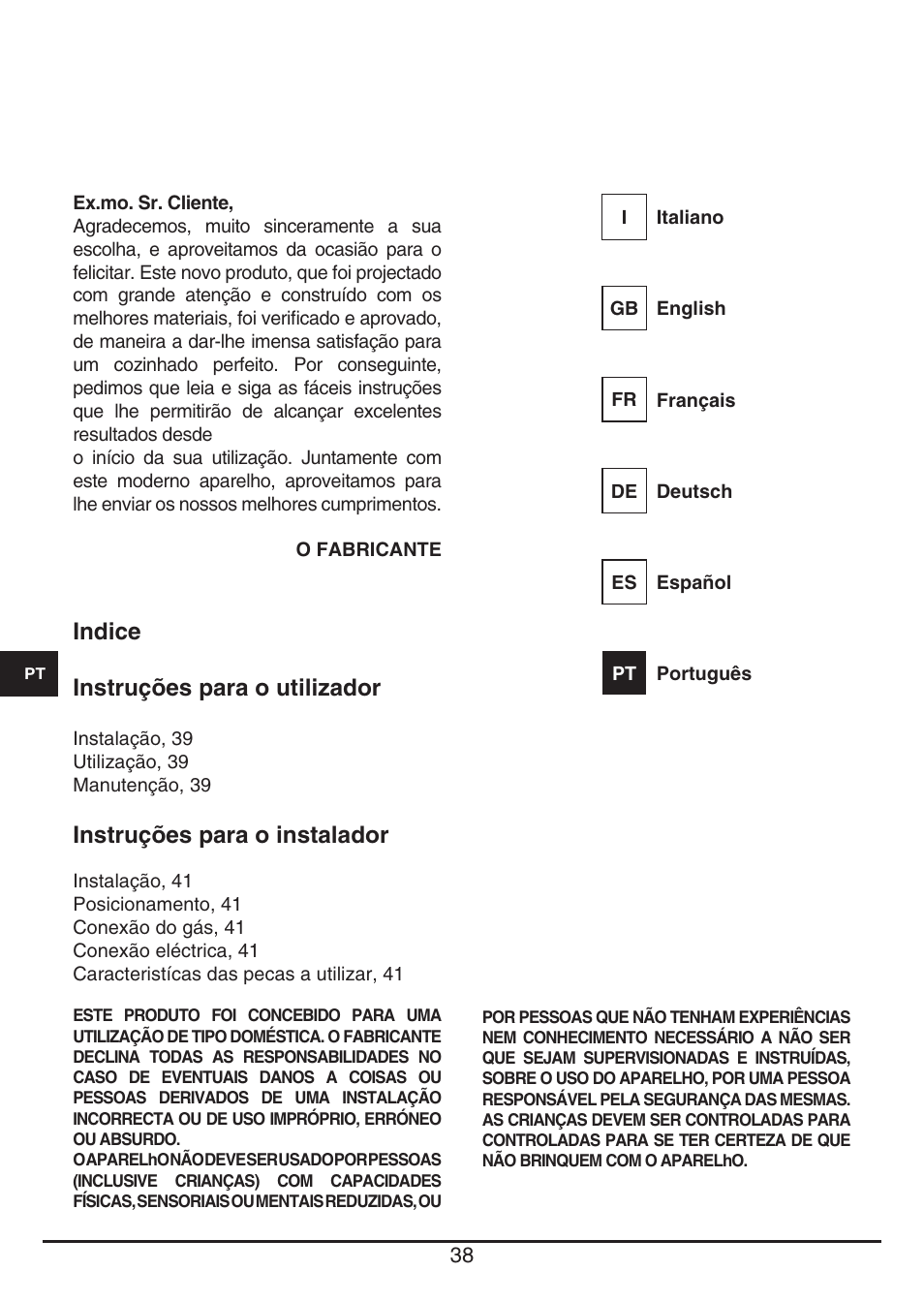 Indice instruções para o utilizador, Instruções para o instalador | Fulgor Milano PH 302 G X User Manual | Page 38 / 48