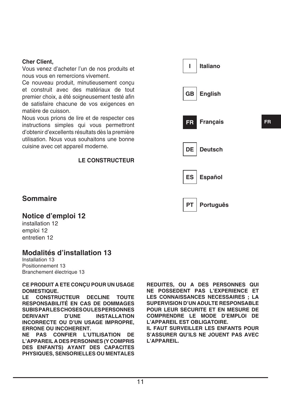 Sommaire notice d’emploi 12, Modalités d’installation 13 | Fulgor Milano PH 302 HL X User Manual | Page 11 / 28