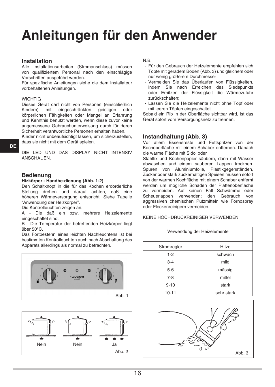 Anleitungen für den anwender | Fulgor Milano PH 302 HL X User Manual | Page 16 / 28