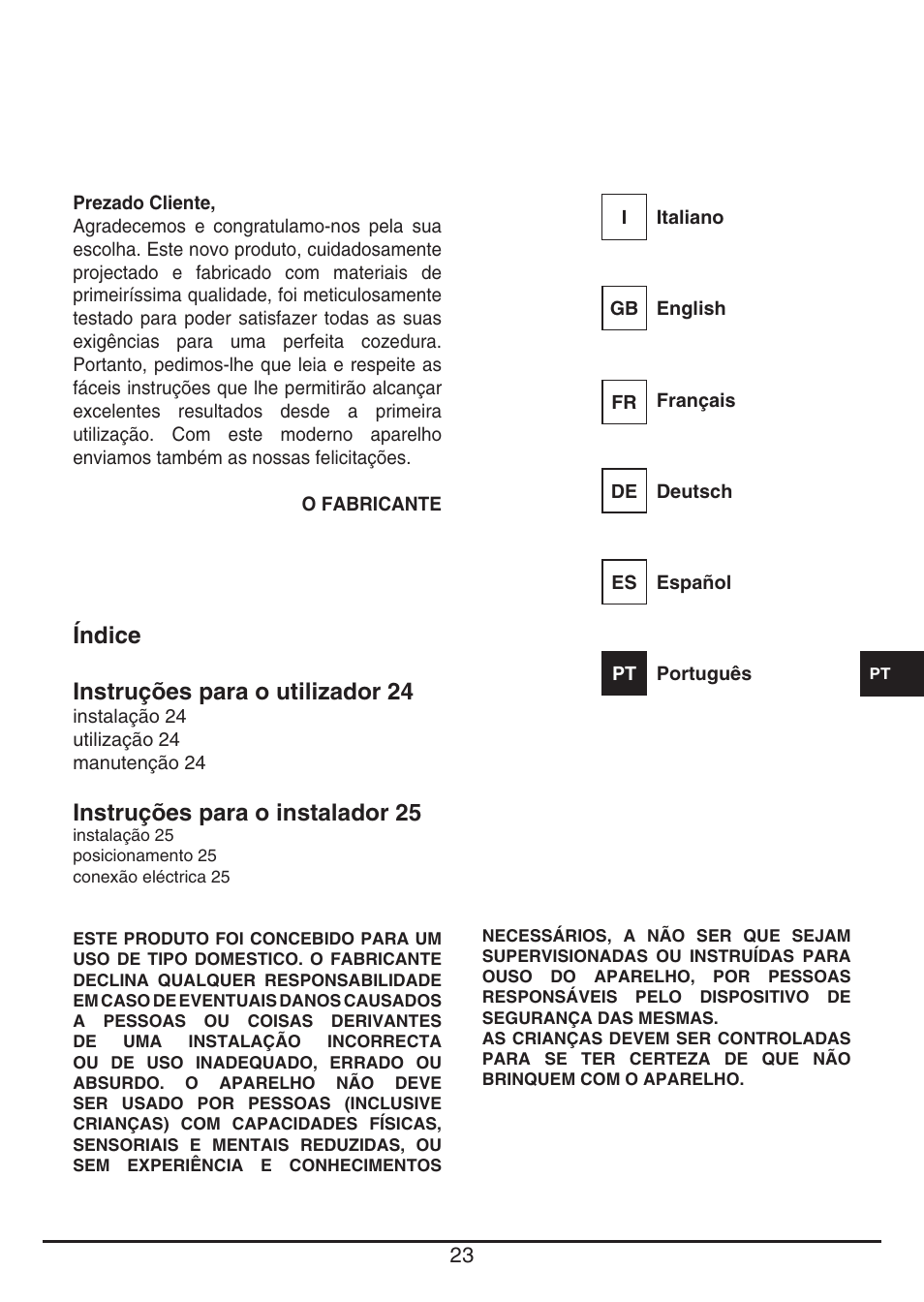 Índice instruções para o utilizador 24, Instruções para o instalador 25 | Fulgor Milano PH 302 HL X User Manual | Page 23 / 28