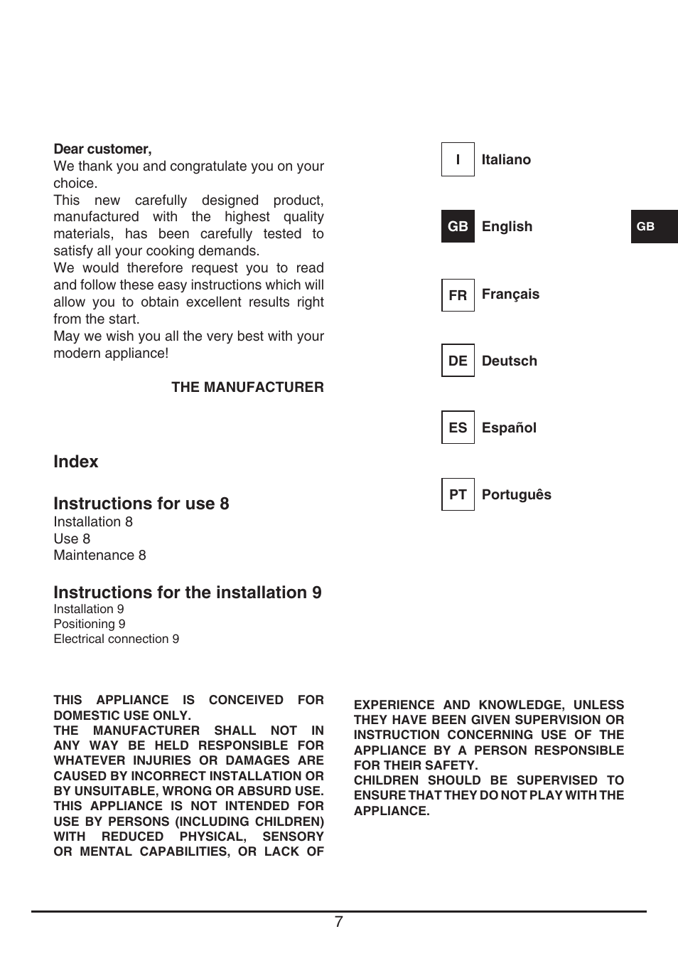 Index instructions for use 8, Instructions for the installation 9 | Fulgor Milano PH 302 HL X User Manual | Page 7 / 28
