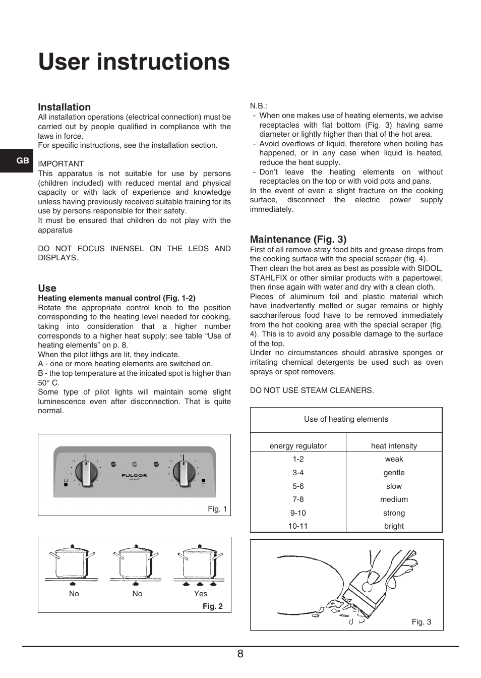 User instructions | Fulgor Milano PH 302 HL X User Manual | Page 8 / 28