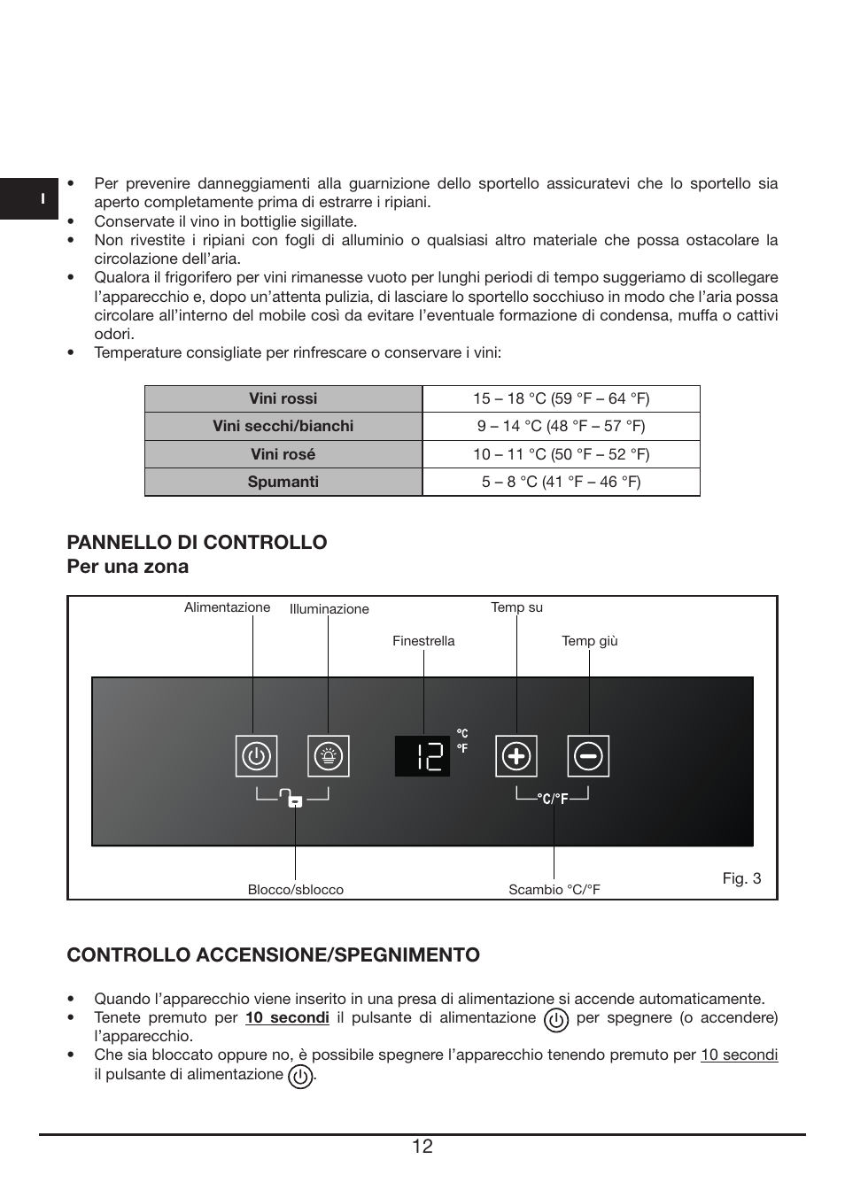 Pannello di controllo per una zona, Controllo accensione/spegnimento | Fulgor Milano FWC 4524 TC User Manual | Page 12 / 88