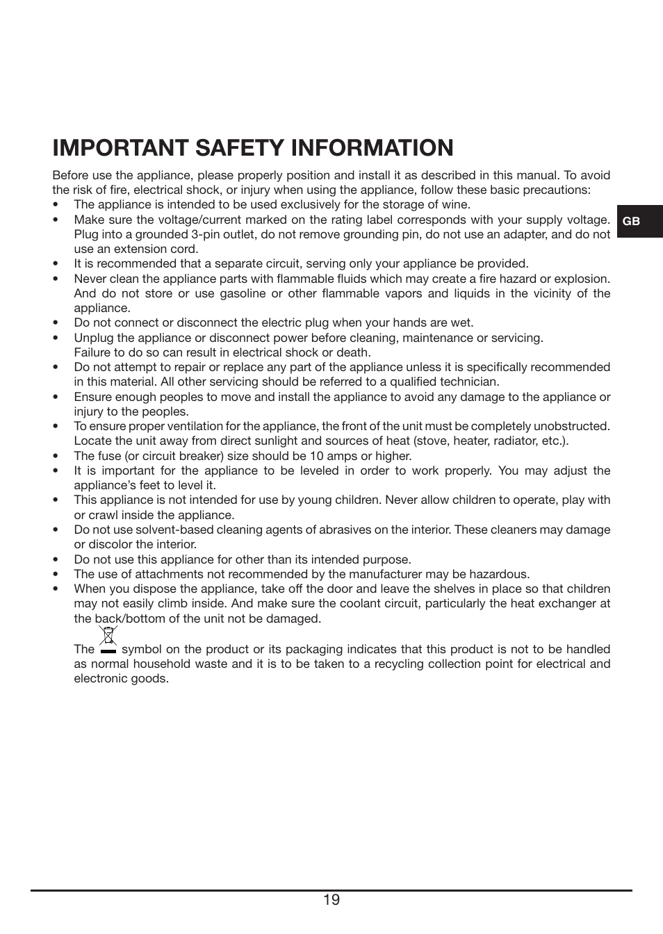 Important safety information | Fulgor Milano FWC 4524 TC User Manual | Page 19 / 88