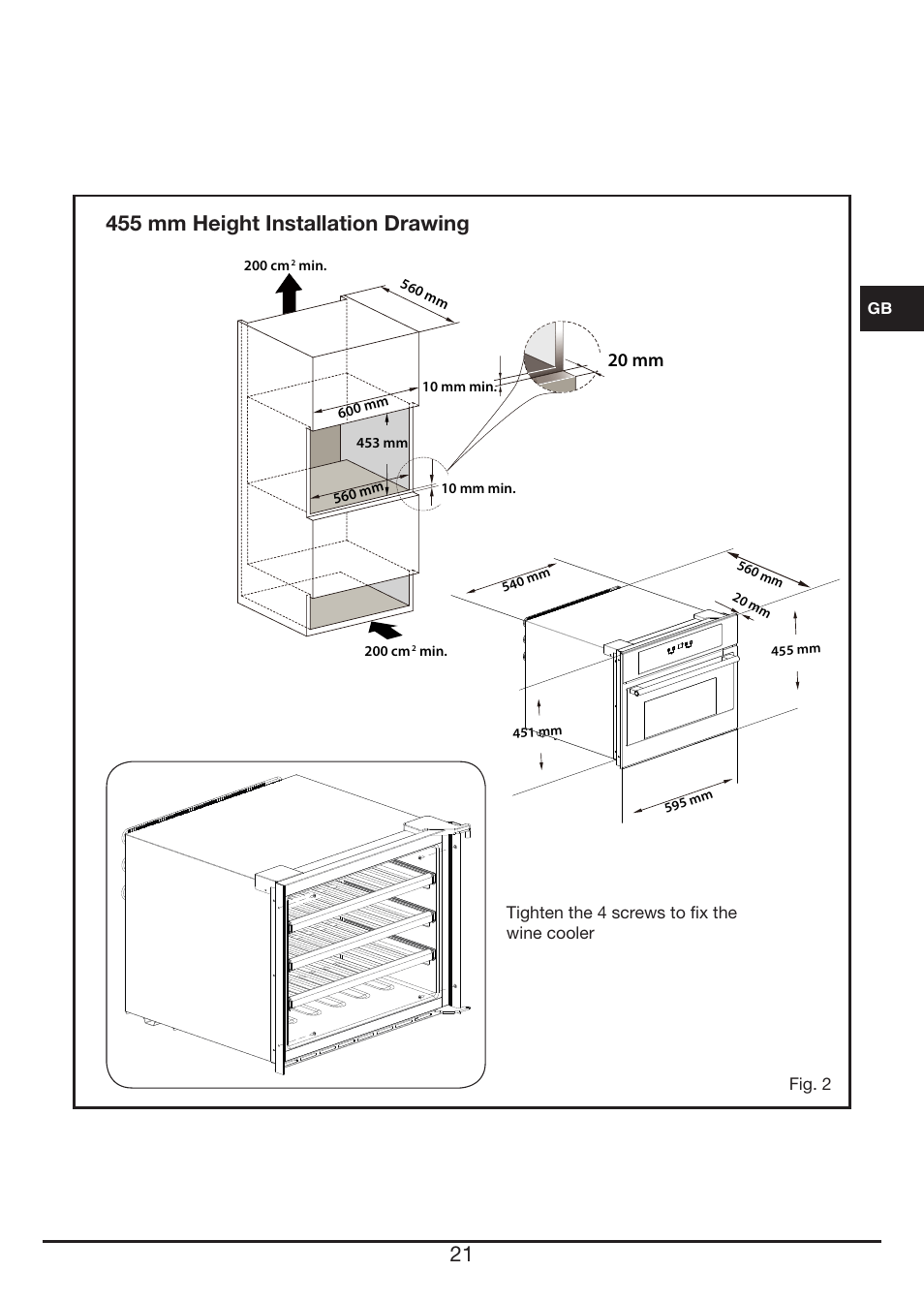 455 mm height installation drawing | Fulgor Milano FWC 4524 TC User Manual | Page 21 / 88