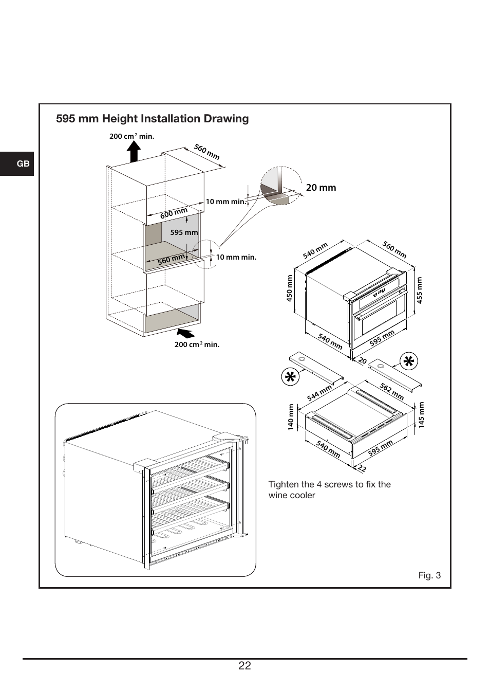 595 mm height installation drawing, 20 mm | Fulgor Milano FWC 4524 TC User Manual | Page 22 / 88