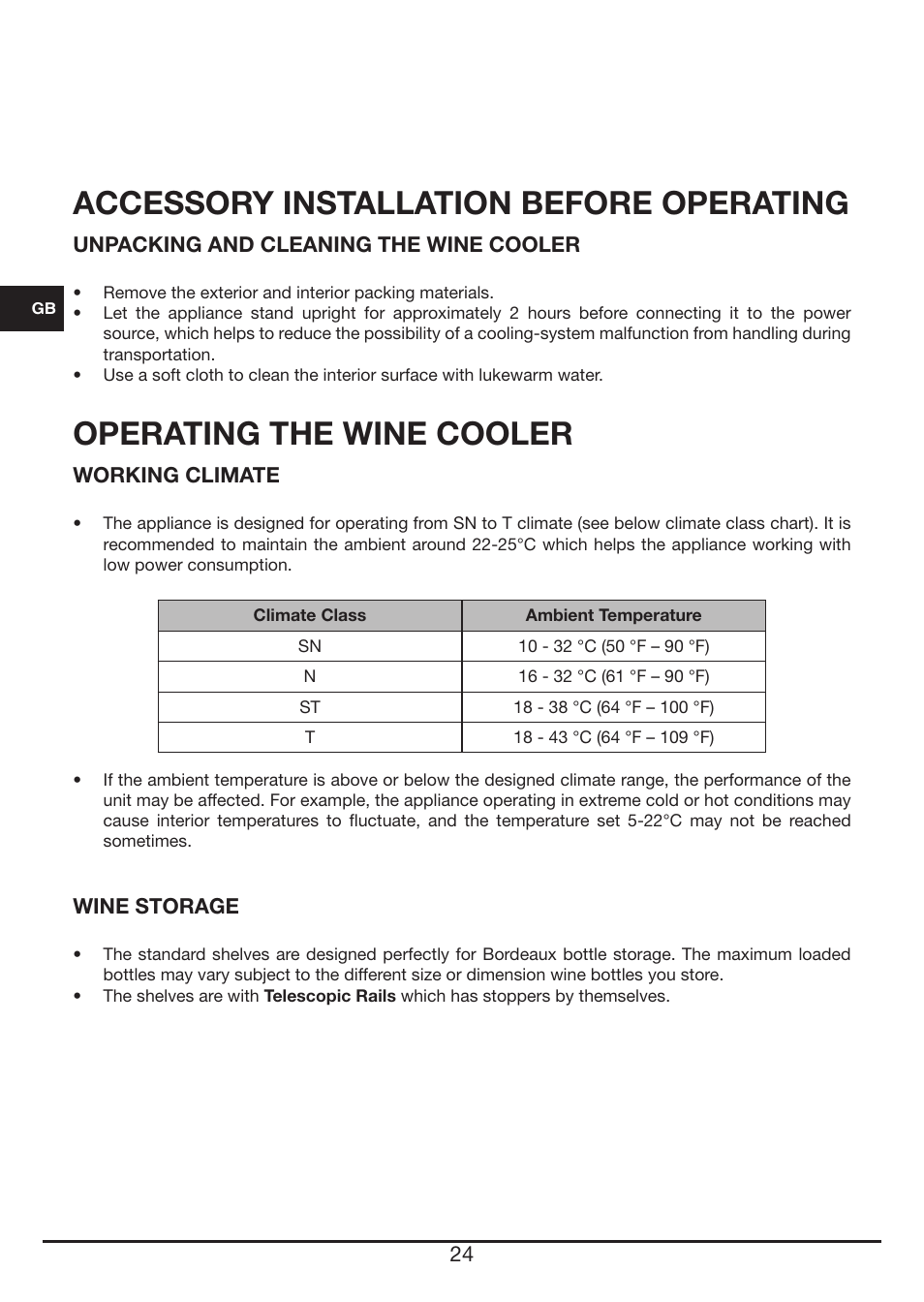 Accessory installation before operating, Operating the wine cooler | Fulgor Milano FWC 4524 TC User Manual | Page 24 / 88