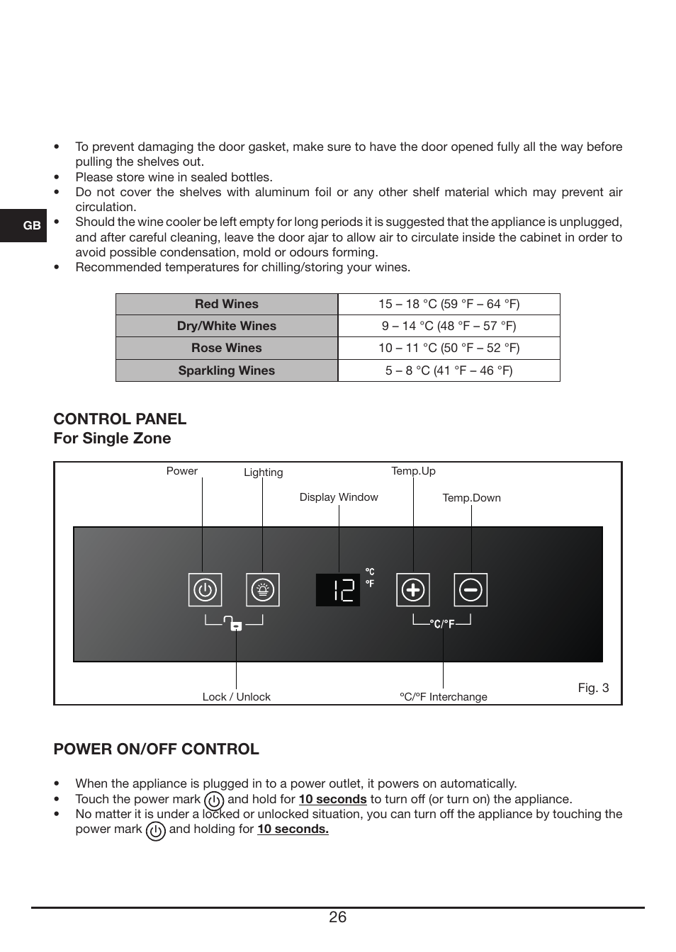 Control panel for single zone, Power on/off control | Fulgor Milano FWC 4524 TC User Manual | Page 26 / 88