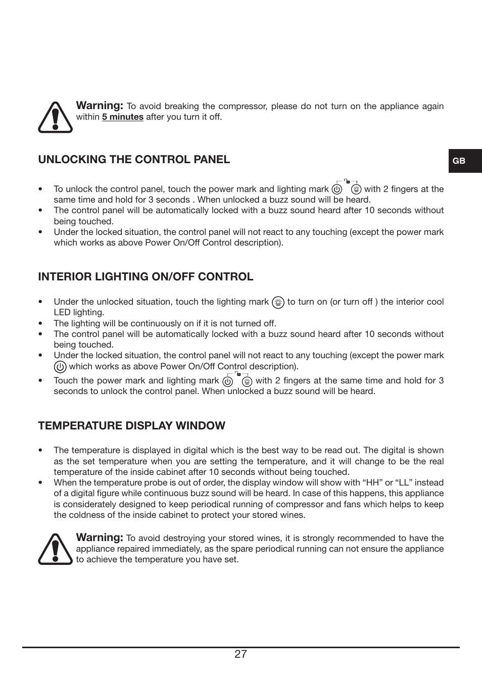 Warning, Unlocking the control panel, Interior lighting on/off control | Temperature display window | Fulgor Milano FWC 4524 TC User Manual | Page 27 / 88