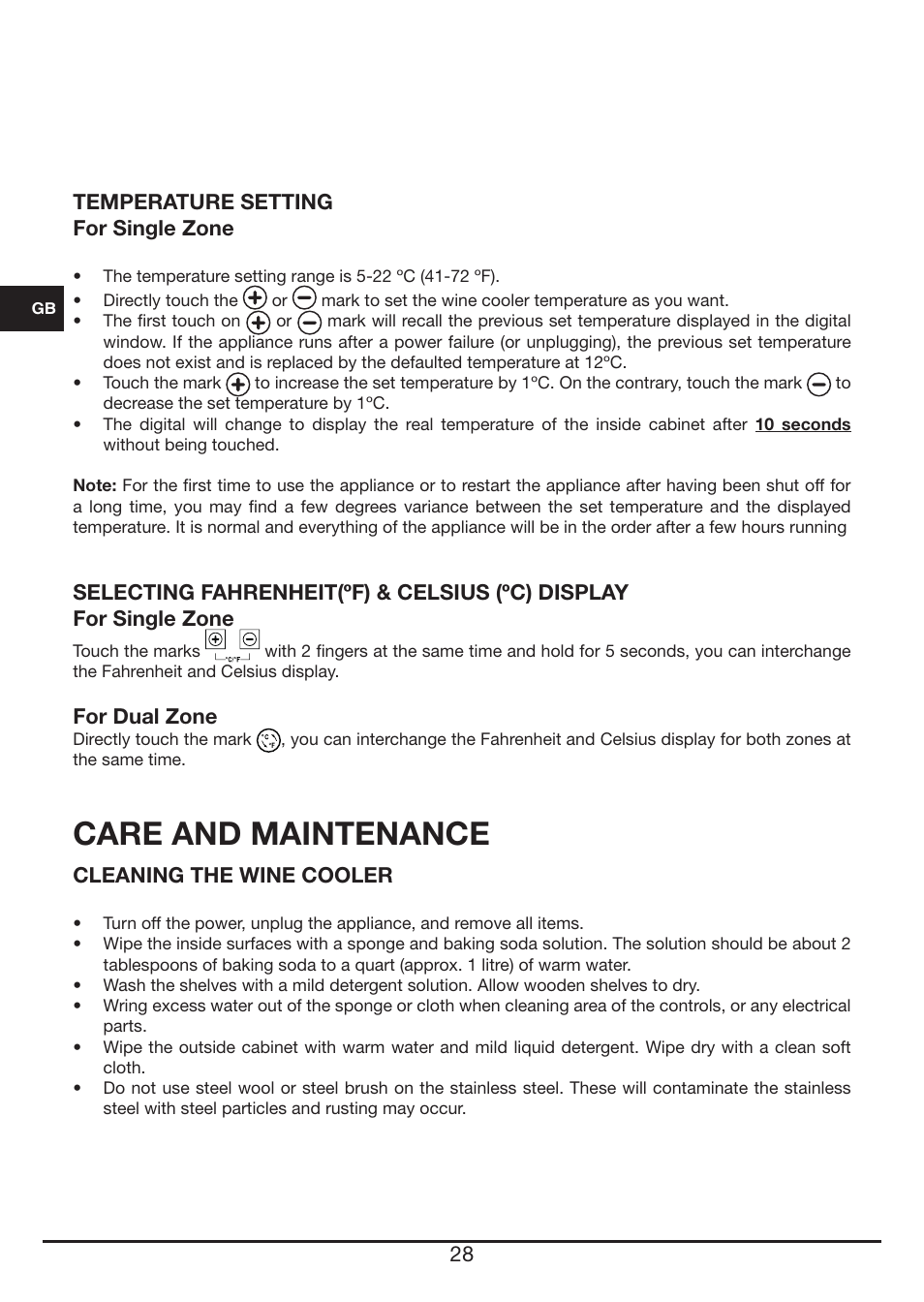 Care and maintenance, Temperature setting for single zone, For dual zone | Cleaning the wine cooler | Fulgor Milano FWC 4524 TC User Manual | Page 28 / 88