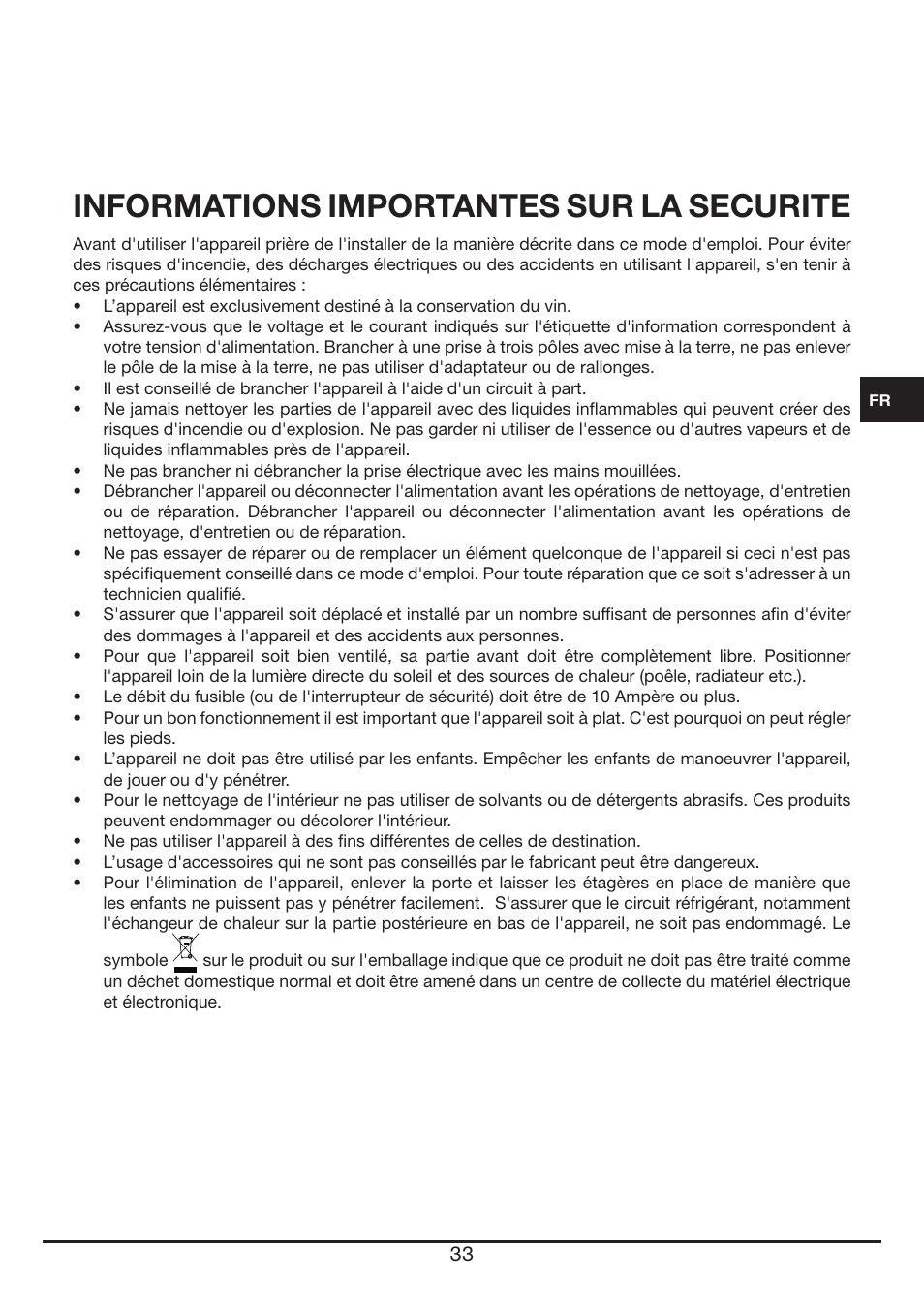 Informations importantes sur la securite | Fulgor Milano FWC 4524 TC User Manual | Page 33 / 88