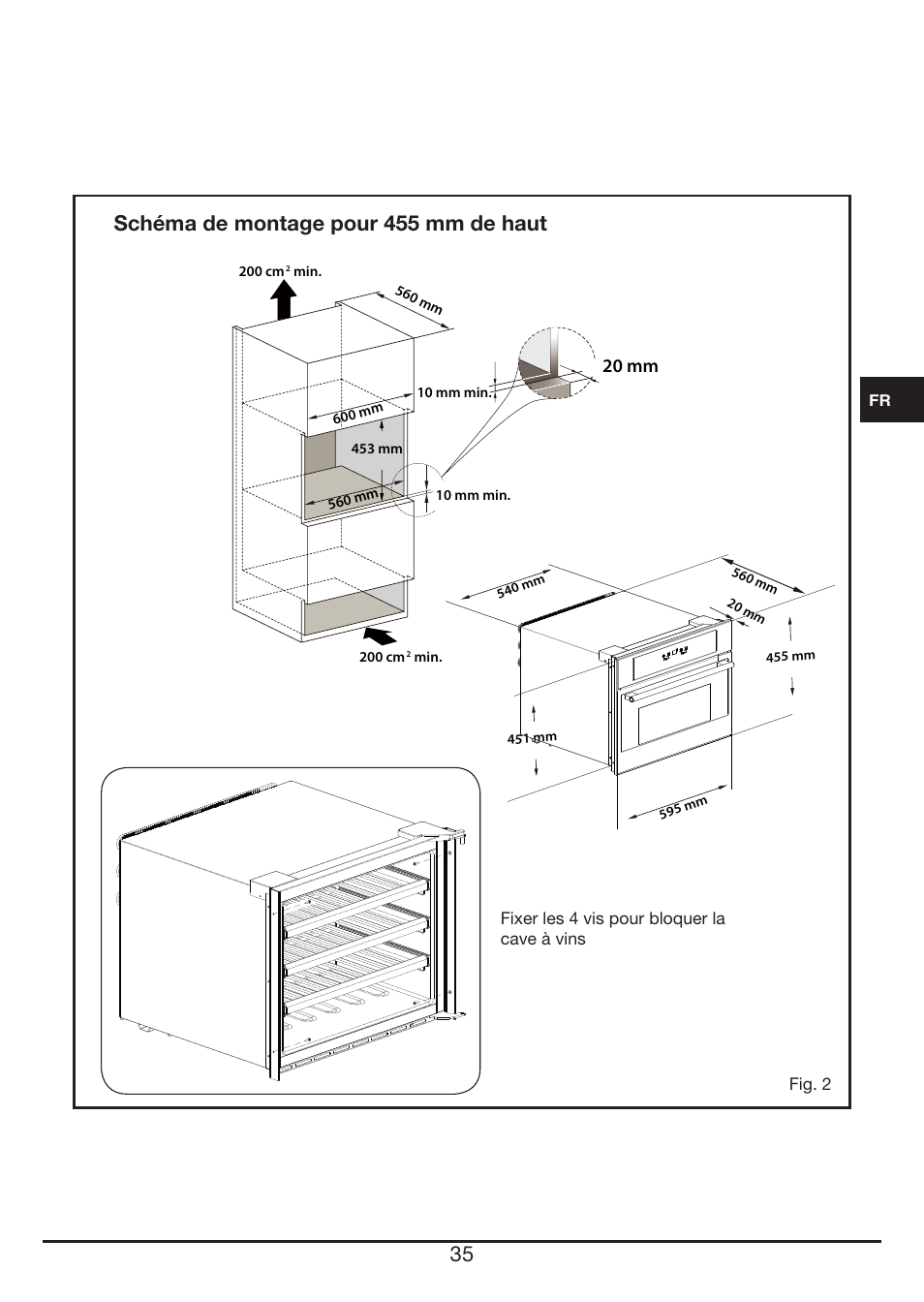 Schéma de montage pour 455 mm de haut | Fulgor Milano FWC 4524 TC User Manual | Page 35 / 88