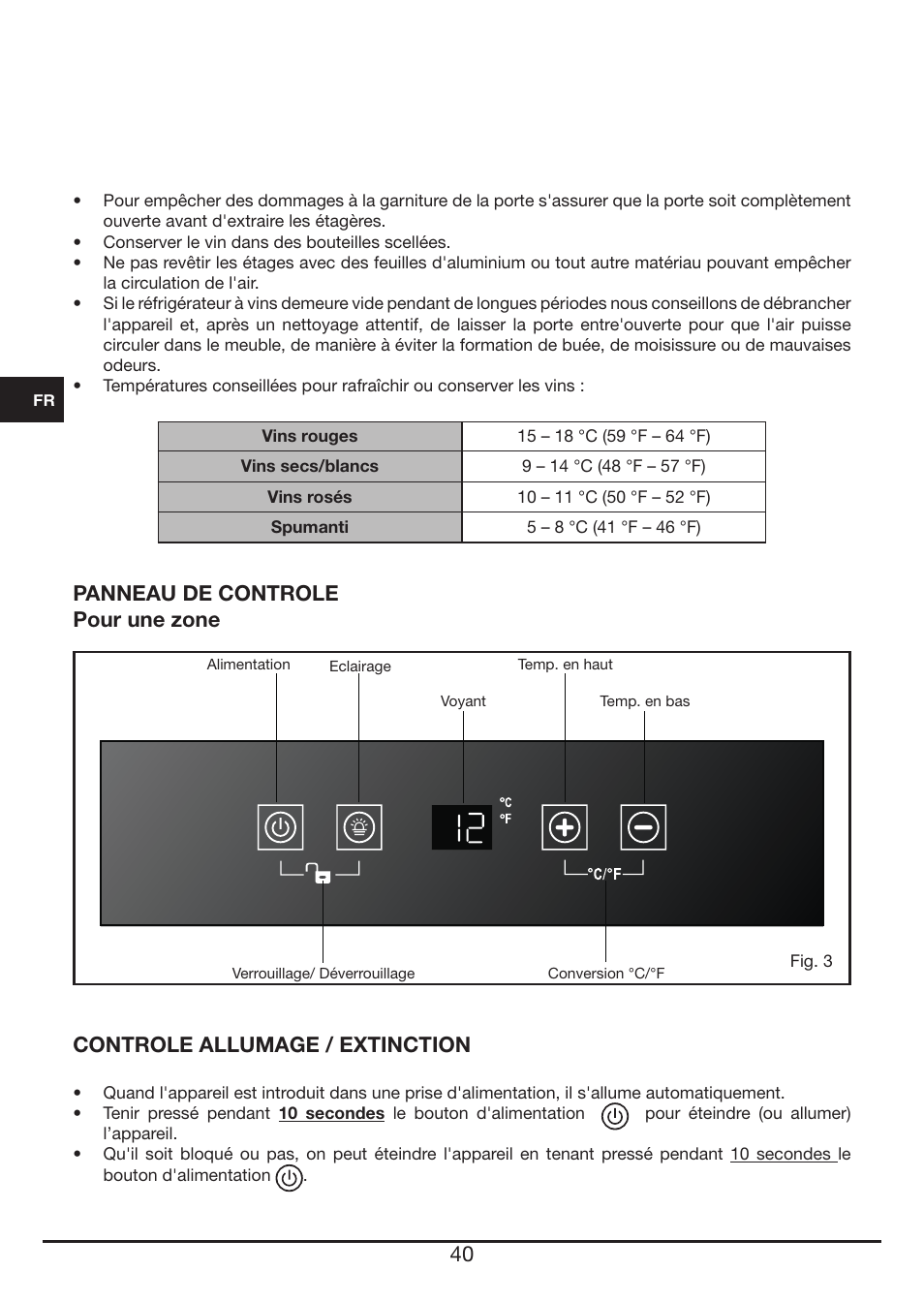 Panneau de controle pour une zone, Controle allumage / extinction | Fulgor Milano FWC 4524 TC User Manual | Page 40 / 88