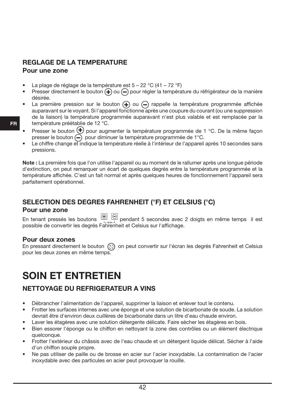 Soin et entretien, Reglage de la temperature pour une zone, Pour deux zones | Nettoyage du refrigerateur a vins | Fulgor Milano FWC 4524 TC User Manual | Page 42 / 88