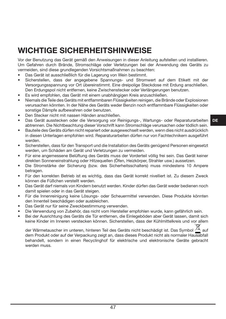 Wichtige sicherheitshinweise | Fulgor Milano FWC 4524 TC User Manual | Page 47 / 88