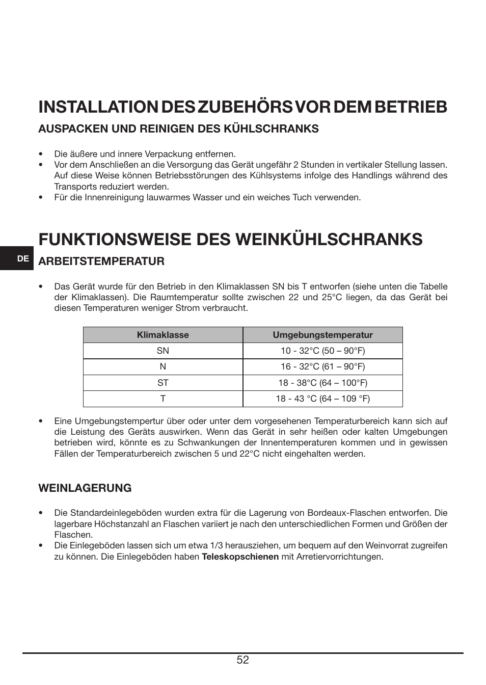 Installation des zubehörs vor dem betrieb, Funktionsweise des weinkühlschranks | Fulgor Milano FWC 4524 TC User Manual | Page 52 / 88