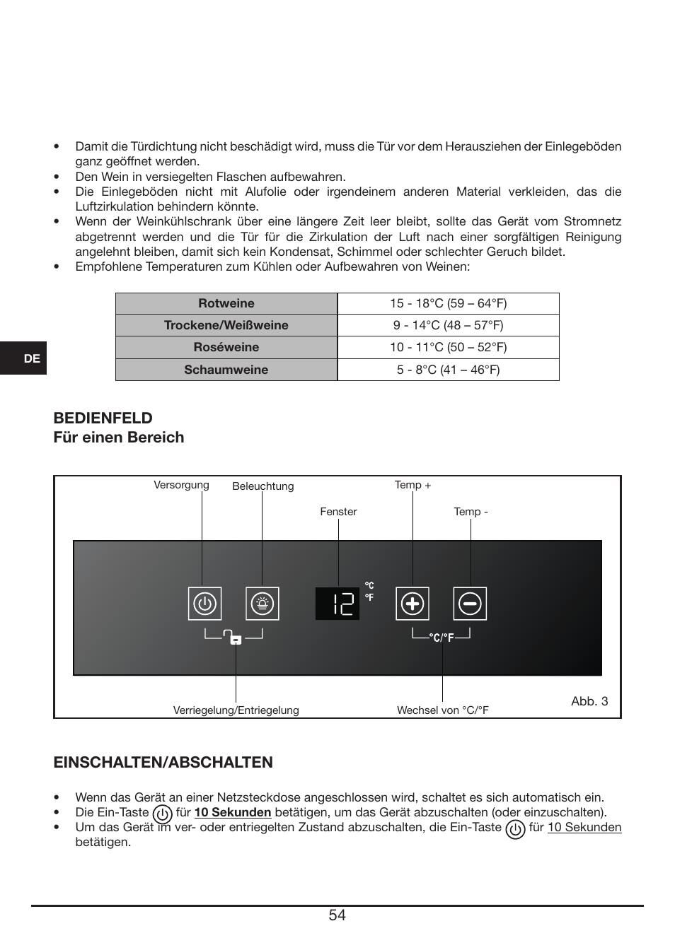 Bedienfeld für einen bereich, Einschalten/abschalten | Fulgor Milano FWC 4524 TC User Manual | Page 54 / 88
