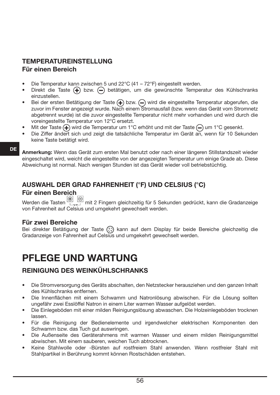 Pflege und wartung, Temperatureinstellung für einen bereich, Für zwei bereiche | Reinigung des weinkühlschranks | Fulgor Milano FWC 4524 TC User Manual | Page 56 / 88