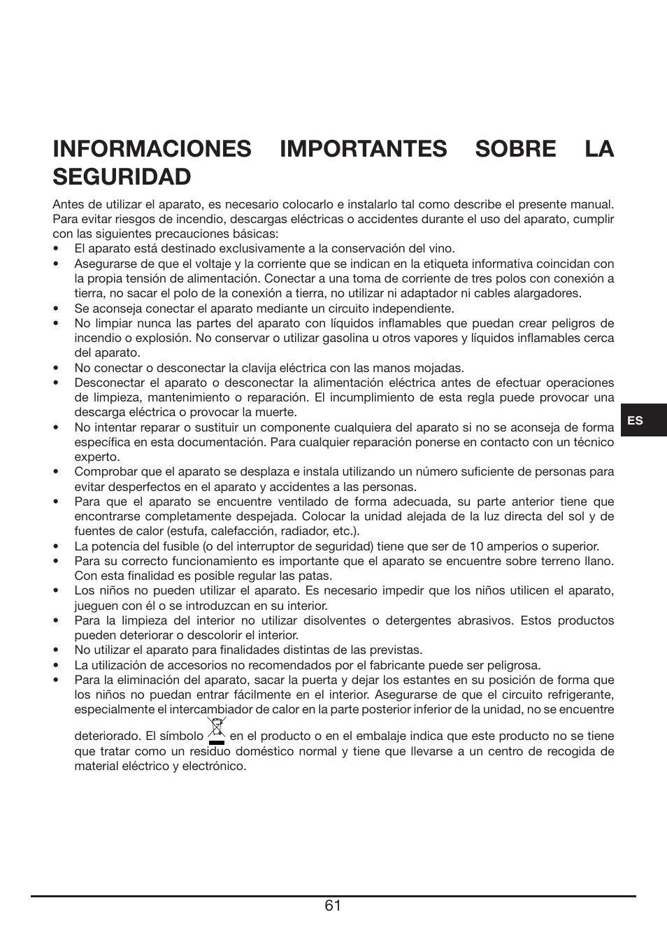 Informaciones importantes sobre la seguridad | Fulgor Milano FWC 4524 TC User Manual | Page 61 / 88