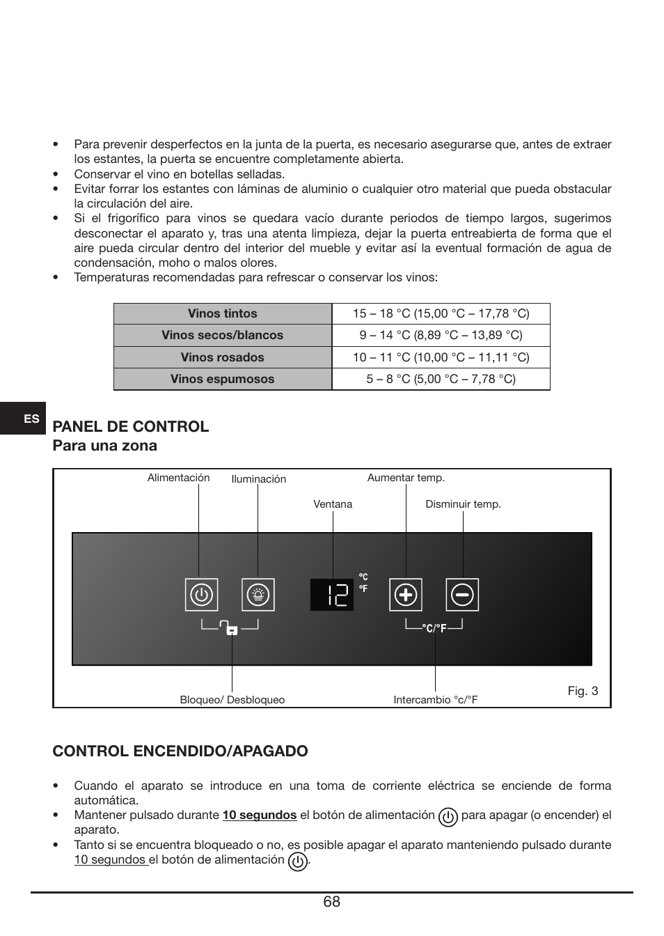 Panel de control para una zona, Control encendido/apagado | Fulgor Milano FWC 4524 TC User Manual | Page 68 / 88