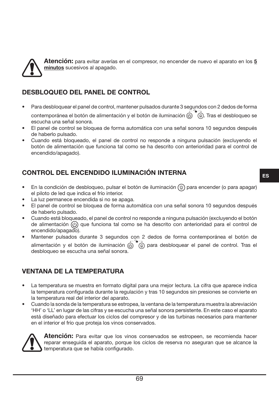 Atención, Desbloqueo del panel de control, Control del encendido iluminación interna | Ventana de la temperatura | Fulgor Milano FWC 4524 TC User Manual | Page 69 / 88