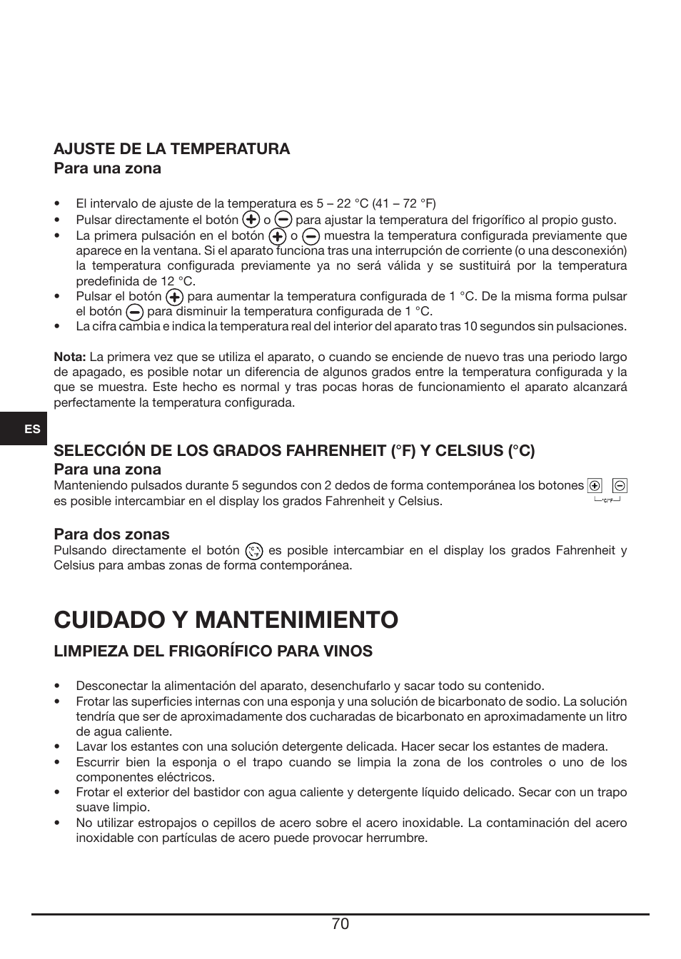 Cuidado y mantenimiento, Ajuste de la temperatura para una zona, Para dos zonas | Limpieza del frigorífico para vinos | Fulgor Milano FWC 4524 TC User Manual | Page 70 / 88