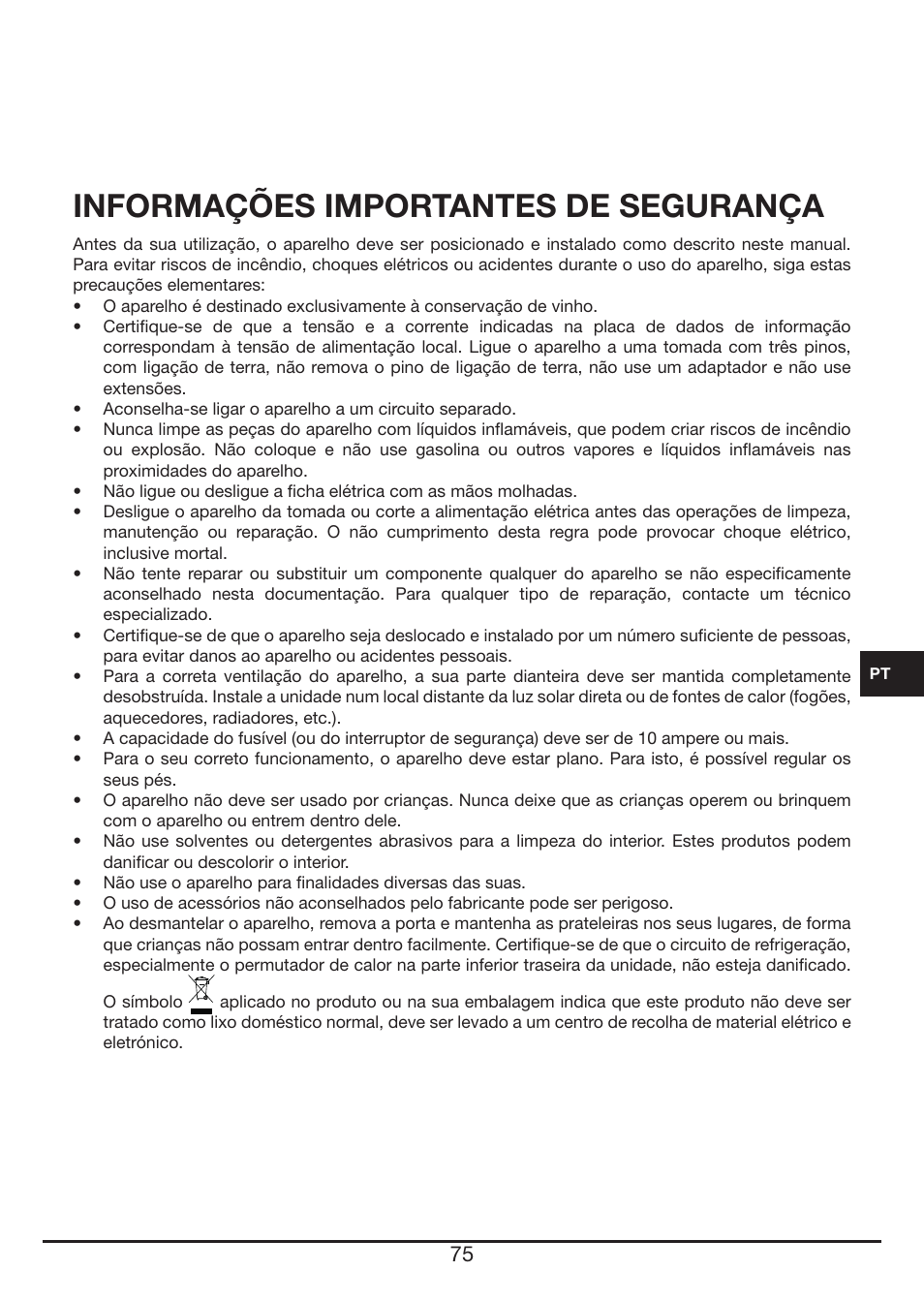 Informações importantes de segurança | Fulgor Milano FWC 4524 TC User Manual | Page 75 / 88